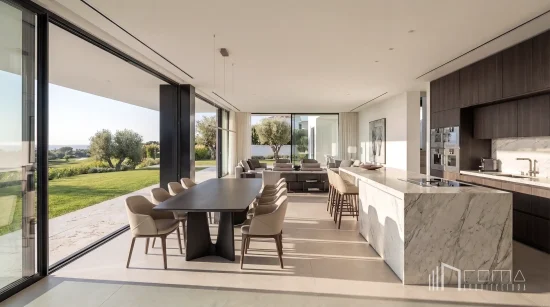 Malaga architects and interior designers 11 Contemporary kitchen and dining space with calacatta marble waterfall island and garden terrace access. Malaga turnkey new build villas, curated by roma arquitectura studio