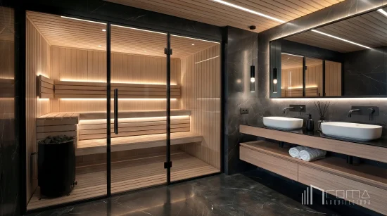 Private wellness spa featuring glazed finnish sauna and floating timber double vanity on dark marble walls, sotogrande exclusive renovations, created by roma arquitectura studio.