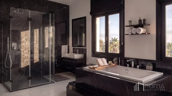 Luxury secondary bathroom in la quinta hills after a renovation project, featuring premium black veined marble walls, a glass shower cabin, and an integrated bathtub under large windows, by roma arquitectura studio, best malaga interior designers.