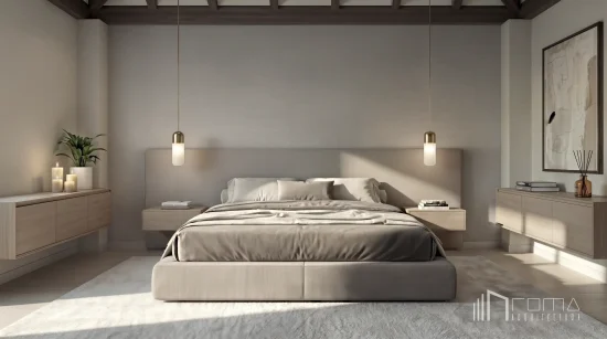 Modern secondary bedroom in la quinta hills after a renovation project, featuring a minimalist upholstered bed, floating wooden nightstands, and elegant brass pendant lights, by roma arquitectura studio, top luxury malaga interior designers.