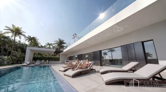 South-facing swimming pool deck with luxury sun loungers and cantilevered upper terrace. Marbella turnkey new builds designed by roma arquitectura studio.