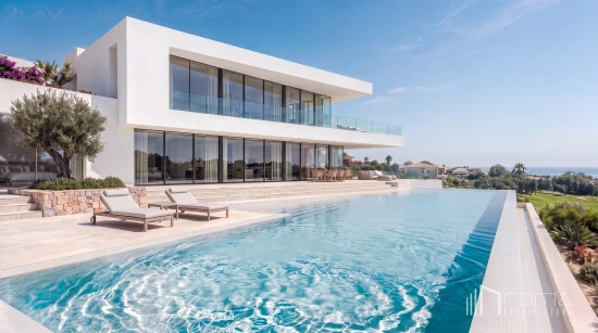 Expansive infinity pool sun terrace with luxury loungers and panoramic mediterranean coastline views, designed by roma arquitectura studio, leading sotogrande turnkey new builds architects.