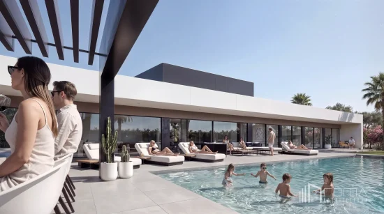 Expansive swimming pool deck with luxury sun loungers and floor-to-ceiling glass villa frontage, sotogrande turnkey new builds, designed by roma arquitectura studio.