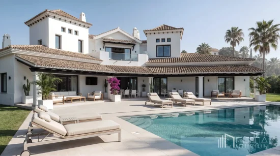 Architects in malaga developing exclusive luxury villas 9 Modernised mediterranean villa in la quinta hills, showcases a luxury swimming‑pool terrace with sleek loungers, pristine white façades and traditional terracotta‑tiled roofs. Executed by roma arquitectura studio, english speaking leading benahavis architects.