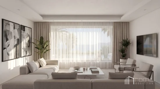Modern tv room with a wall‑mounted flat‑screen tv, a modular beige sofa and full‑length sheer curtains, designed by roma arquitectura studio, bespoke estepona architects.